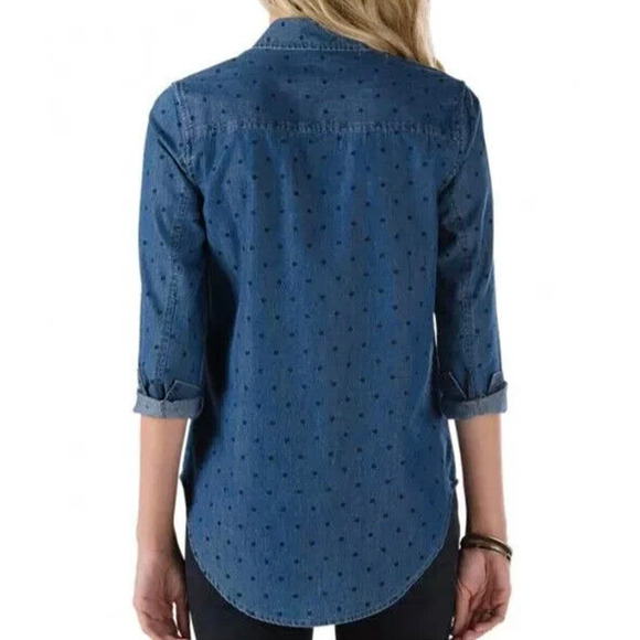VANS Shirt Womens S Small Indigo Polka Dot Denim So Rowdy Droptail Spread Collar - Picture 12 of 13